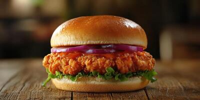 Crispy chicken sandwich with fresh toppings on a wooden table in a cozy setting photo