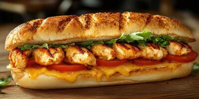 Delicious grilled chicken sandwich with melted cheese and fresh vegetables on a wooden table photo