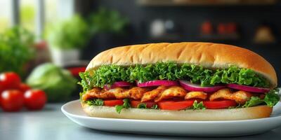 Freshly made sandwich with grilled chicken and vegetables on a plate in a cozy kitchen photo