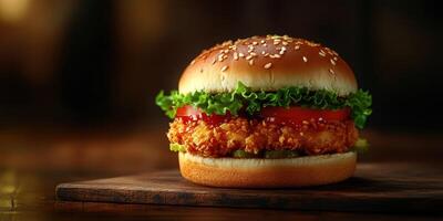 Juicy chicken sandwich with fresh vegetables served on a wooden board in a cozy setting at night photo