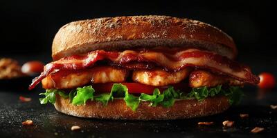 Delicious sandwich featuring grilled chicken, crispy bacon, and fresh vegetables served on whole grain bread photo