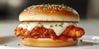 Delicious chicken sandwich topped with marinara and melted cheese served on a sesame seed bun photo