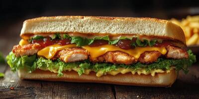 Delicious crispy chicken sandwich stacked with fresh ingredients on a wooden table at lunchtime photo
