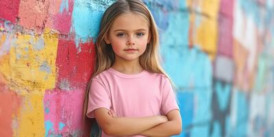 Young girl poses confidently against a colorful graffiti wall in an urban setting during the day photo