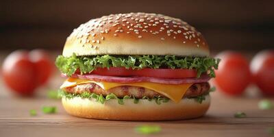 Delicious burger stacked with fresh ingredients and served with ripe tomatoes on a wooden table photo