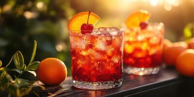 Refreshing cocktails served with citrus garnishes in a sunlit outdoor setting photo