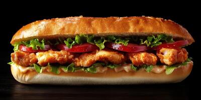 Crispy chicken sandwich with fresh toppings served on a toasted sub roll in a dark setting photo