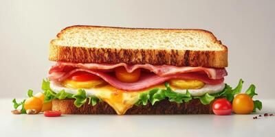 Delicious sandwich stacked with fresh ingredients and cooked to perfection on toasted bread photo