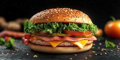 Juicy hamburger with fresh ingredients served on a black table with soft lighting photo