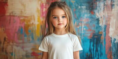 Young girl poses against a colorful abstract background in a bright, airy space during daylight hours photo