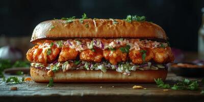 Delicious spicy chicken sandwich loaded with fresh ingredients and creamy sauce on a rustic wooden table during dinner time photo