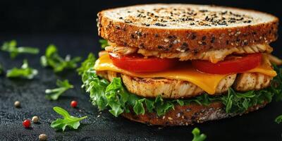 Delicious grilled chicken sandwich with fresh vegetables on sesame whole grain bread photo