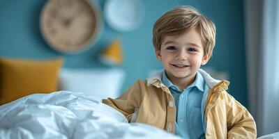Young child smiles brightly in cozy room with modern decor and soft bedding at daytime photo
