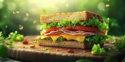 Freshly prepared sandwich with layers of vegetables, meats, and cheese served on a wooden table in a natural setting photo
