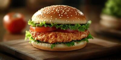 Juicy fried chicken burger with fresh veggies served on a sesame seed bun in a rustic setting photo