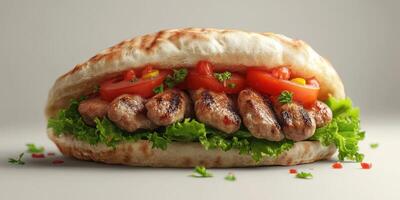 Grilled meat sandwich with fresh vegetables served on soft pita bread in a bright setting photo