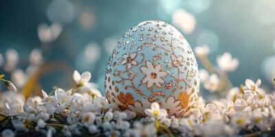 Decoratively designed egg surrounded by delicate white flowers in soft morning light photo