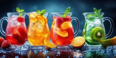 Refreshing fruit drinks displayed elegantly with ice and garnishes in a vibrant setting photo