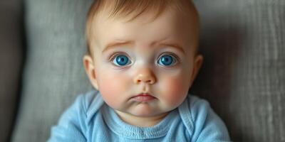 Candid portrait of a baby with striking blue eyes sitting on a couch in a cozy living room setting photo