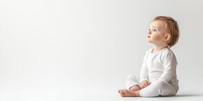 Sweet toddler sitting quietly and gazing upward in a minimalistic indoor setting during daylight photo