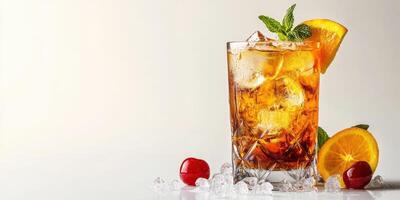 Refreshing iced tea with fresh fruits and ice garnished with mint on a neutral background photo