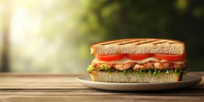 Delicious grilled chicken sandwich with fresh ingredients served on a wooden table in a natural setting photo