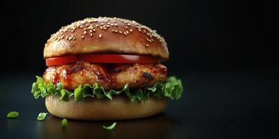 Juicy grilled chicken burger with fresh lettuce and tomato on a sesame seed bun ready to be enjoyed photo