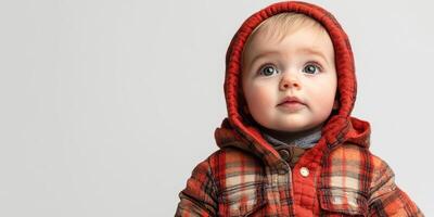Baby in cozy flannel hoodie with a curious expression against a neutral background photo