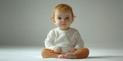Cute baby with orange pants sitting calmly on a soft surface in a minimalist indoor setting photo