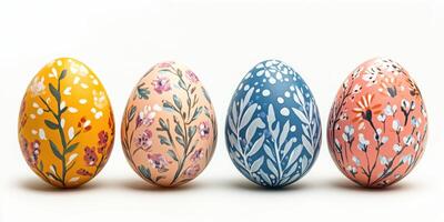 Colorful hand-painted Easter eggs with floral designs displayed together on a white surface photo