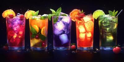 Refreshing colorful cocktails displayed with fruit garnishes against a dark background photo