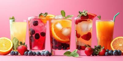 Refreshing summer drinks displayed beautifully against a vibrant pink background photo