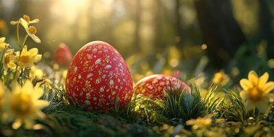 Colorful Easter eggs resting amidst vibrant flowers in a sunlit forest during springtime festivities photo