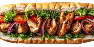 Delicious grilled chicken sub with fresh vegetables and hearty bread prepared for lunch at a local eatery photo