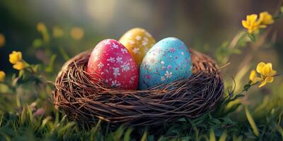 Colorful Easter eggs nestled in a grass-filled nest surrounded by flowers in springtime photo