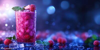 Refreshing raspberry drink garnished with mint leaves served on a vibrant background photo