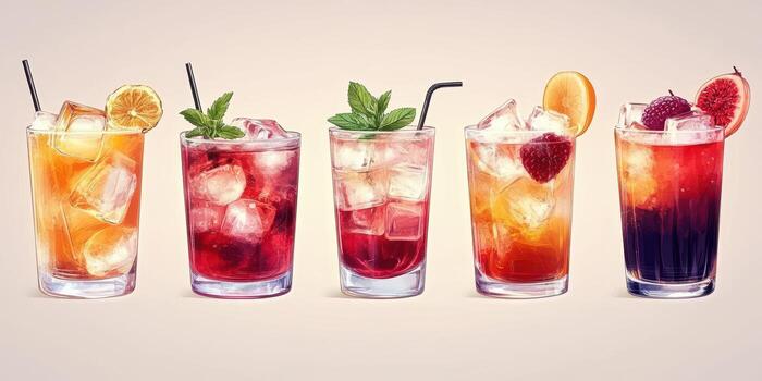 Colorful collection of refreshing non-alcoholic beverages displayed in glasses on a neutral background photo