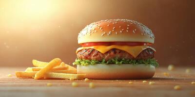 Juicy burger with melted cheese and crispy fries on wooden table illuminated by warm light photo