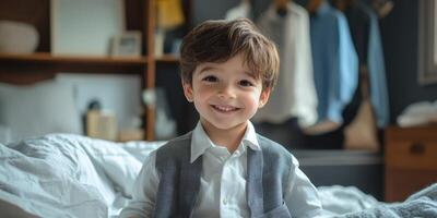 Young boy in stylish outfit smiles joyfully in bright bedroom setting with soft lighting photo