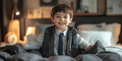 Young boy happily playing with a cozy blanket in a well-decorated bedroom during afternoon light photo