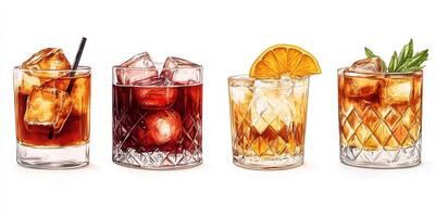 Classic cocktail collection showcasing four distinct drinks with ice and garnishes photo