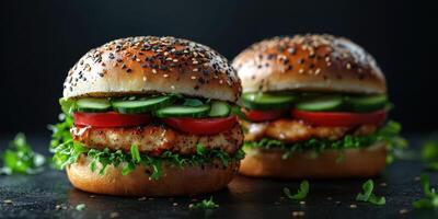 Juicy grilled chicken burgers with fresh vegetables and sesame seed buns ready to serve photo