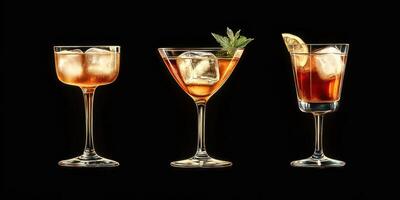 Three elegant cocktails displayed on a dark background showcasing their unique flavors and presentation at a social gathering photo