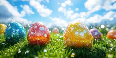 Colorful decorated eggs resting on green grass under a bright blue sky on a sunny spring day photo