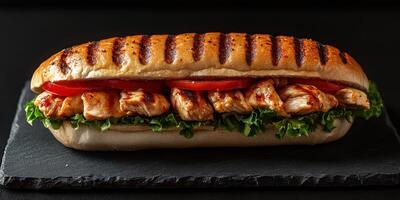 Grilled chicken sandwich topped with fresh lettuce and tomatoes on a dark slate background photo