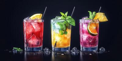 Colorful cocktails with ice and fruit garnishes arranged on a dark backdrop for a refreshing summer vibe photo
