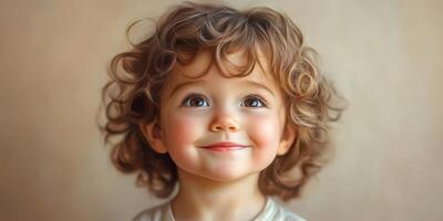 Cute smiling child with curly hair looking joyfully at the camera indoors during daytime photo