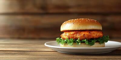 Delicious homemade chicken sandwich with fresh lettuce on a wooden table photo