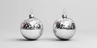 Decorative silver disco balls used for festive celebrations, featuring shiny mirrored surfaces reflecting light in a lively atmosphere photo