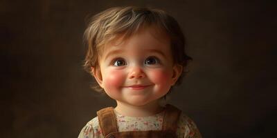 Smiling toddler with big brown eyes and curly hair wearing a floral shirt in a cozy indoor setting during afternoon lighting photo